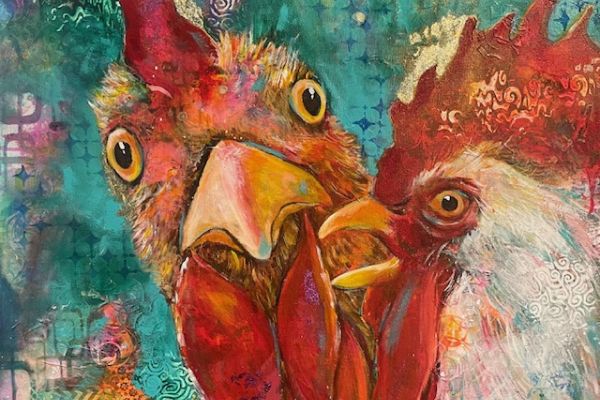 Schilderij van twee hanen dieren koppen